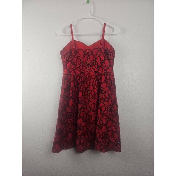 Lily Rose Red Black Skater Dress Sleeveless Spaghetti Lace Heart Large - Picture 2 of 6